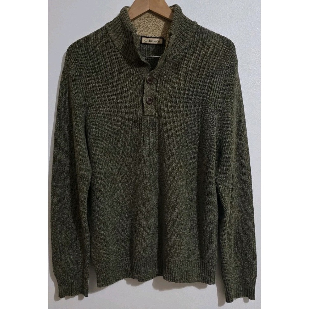 GH Bass Green Ribbed Long Sleeve Pullover Sweater Jacket Buttons Sherpa Collar L